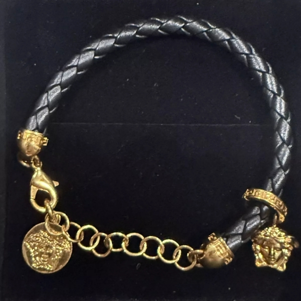 Versace Medusa Logo Galaxy Star Crystal Gold Woven Leather Bracelet Black NIB